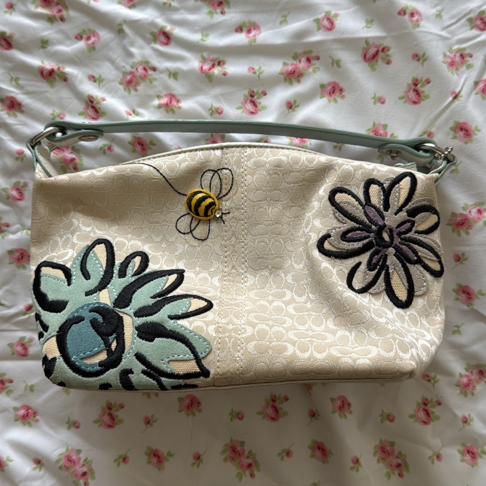 Coach Beige Floral and Bee Embroidered Shoulder Bag